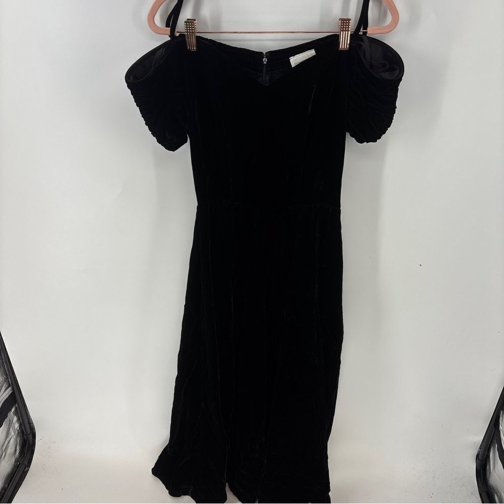 Moda International Black Velvet Off Shoulder spaghetti strap v neck Midi Dress 6